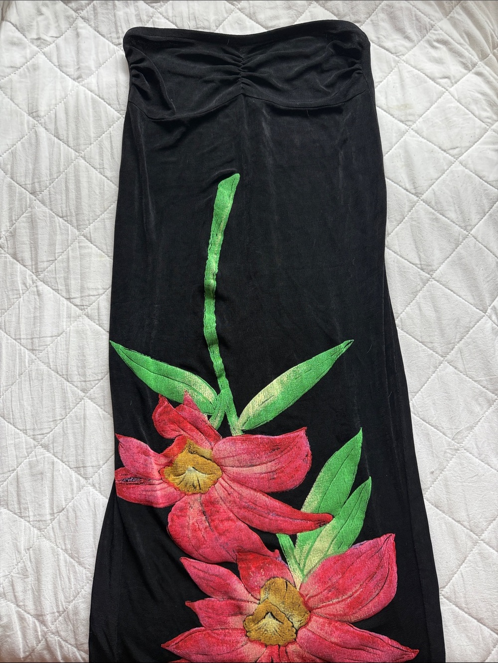Strapless Black midi Dress with Pink Floral Print